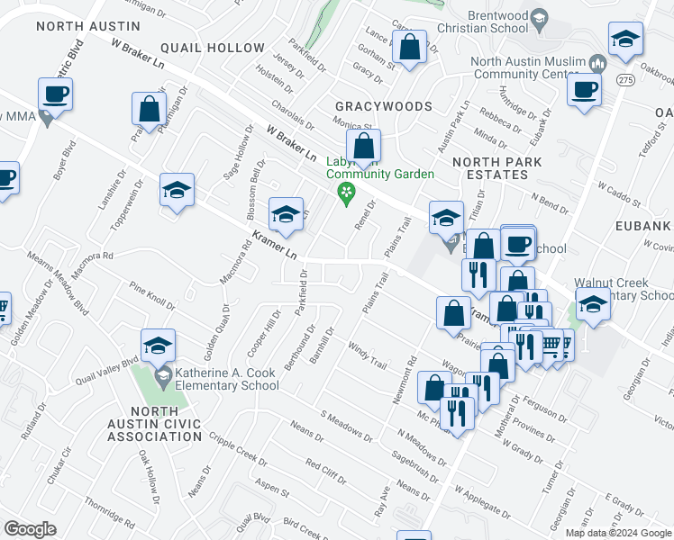 map of restaurants, bars, coffee shops, grocery stores, and more near 10904 Meadgreen Court in Austin