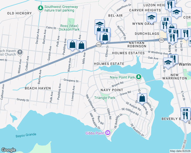 map of restaurants, bars, coffee shops, grocery stores, and more near 510 West Sunset Avenue in Pensacola