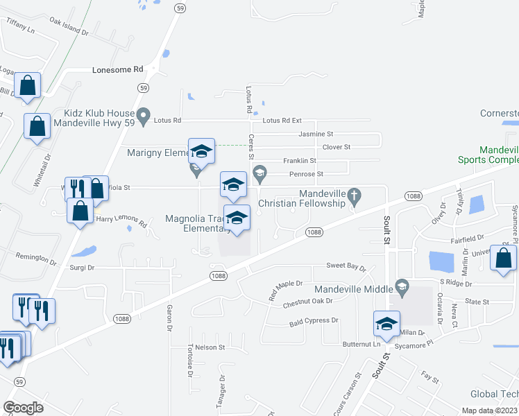 map of restaurants, bars, coffee shops, grocery stores, and more near 167 Remmy Court in Mandeville