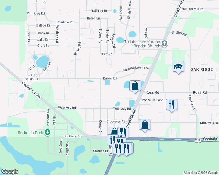 map of restaurants, bars, coffee shops, grocery stores, and more near 1204 Athens Court in Tallahassee