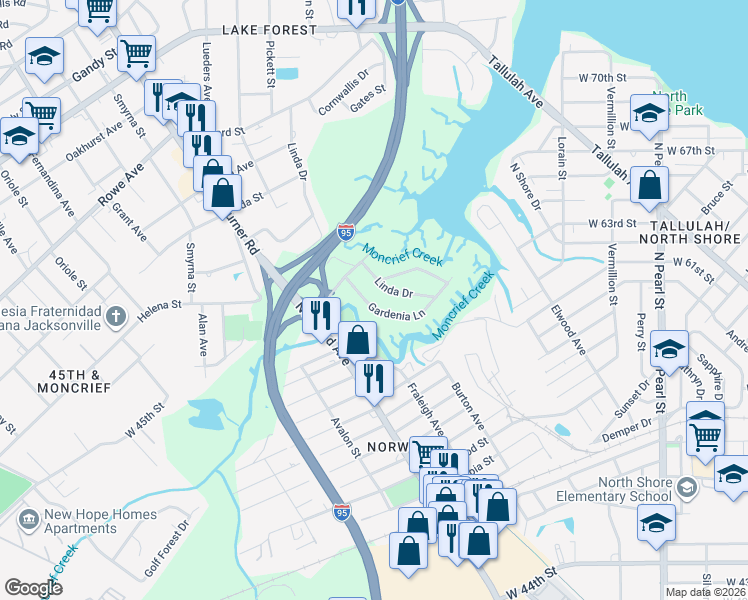 map of restaurants, bars, coffee shops, grocery stores, and more near 815 Gardenia Lane in Jacksonville