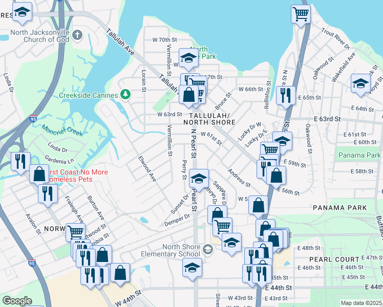 map of restaurants, bars, coffee shops, grocery stores, and more near 6908 North Pearl Street in Jacksonville