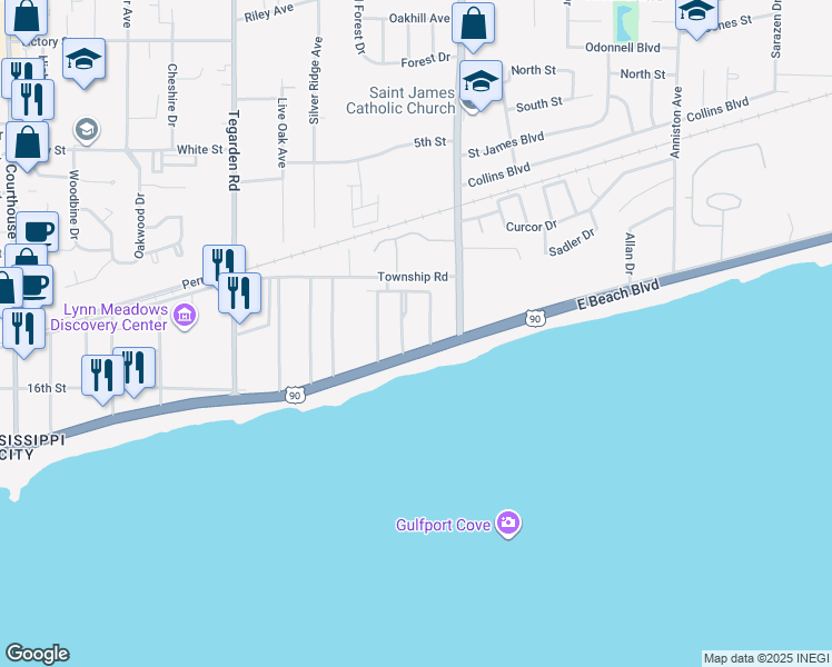 map of restaurants, bars, coffee shops, grocery stores, and more near 1200 Beach Drive in Gulfport
