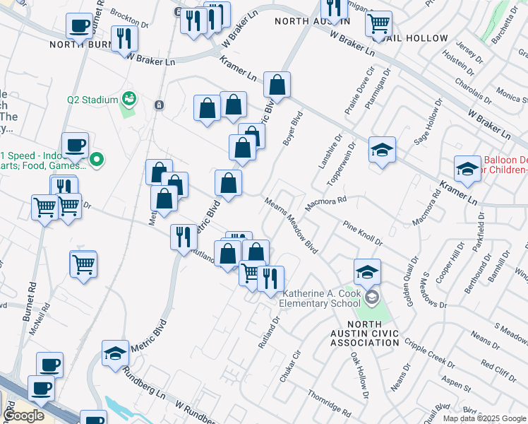 map of restaurants, bars, coffee shops, grocery stores, and more near 10408 Little Pebble Drive in Austin
