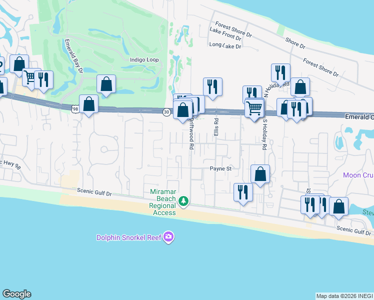 map of restaurants, bars, coffee shops, grocery stores, and more near 18 East Bradley Street in Destin
