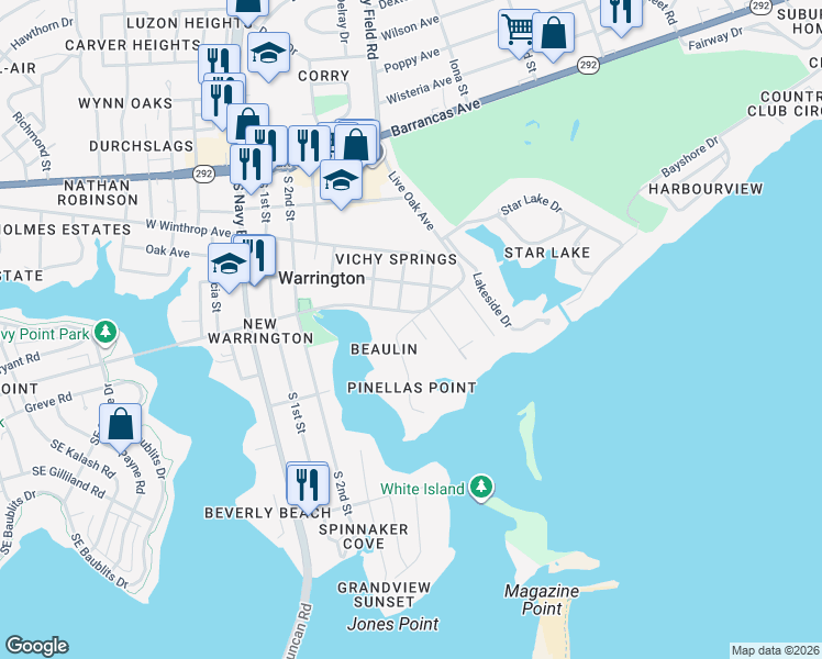map of restaurants, bars, coffee shops, grocery stores, and more near 401 Reeves Road in Pensacola