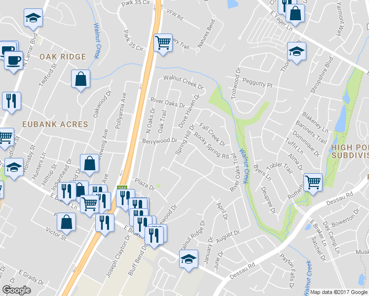 map of restaurants, bars, coffee shops, grocery stores, and more near 11603 Spring Hill Drive in Austin