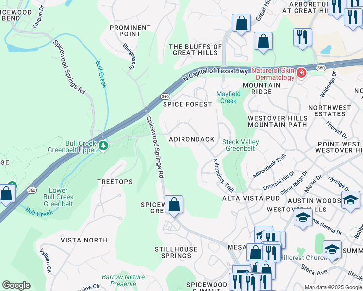 map of restaurants, bars, coffee shops, grocery stores, and more near 14 Adirondack Trail in Austin