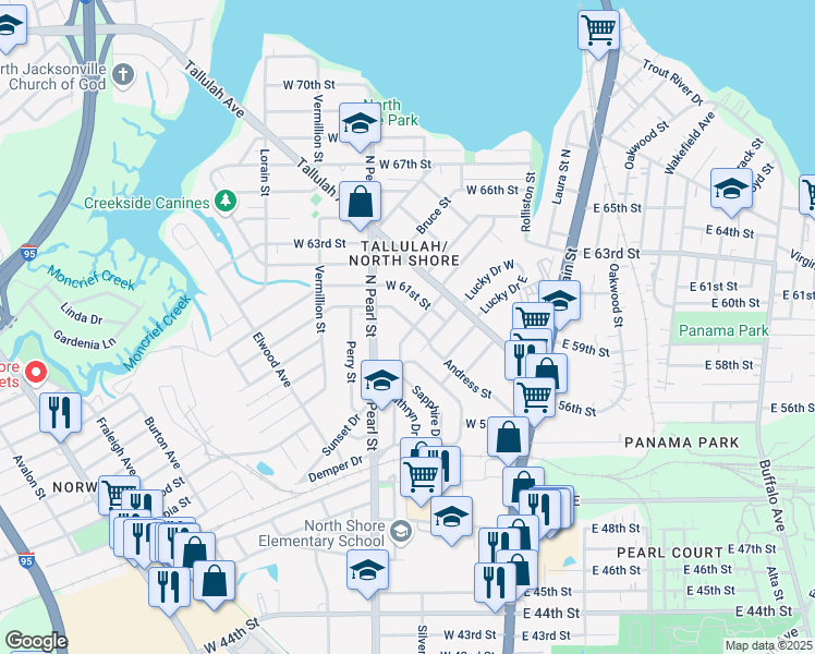 map of restaurants, bars, coffee shops, grocery stores, and more near 6858 Barberie Street in Jacksonville