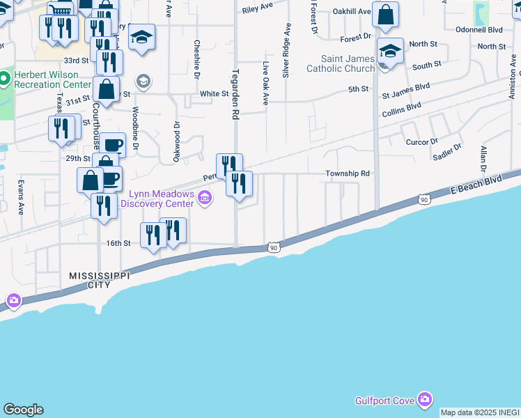 map of restaurants, bars, coffee shops, grocery stores, and more near 165 Markham Drive in Gulfport