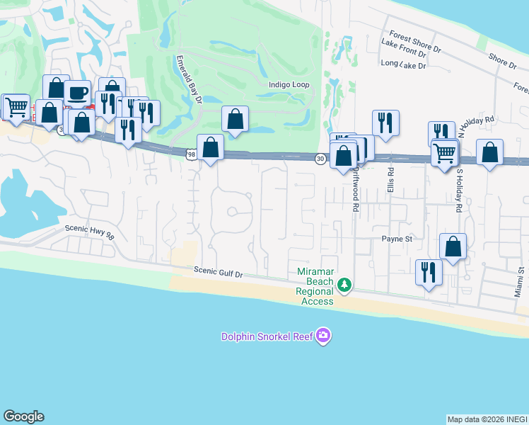 map of restaurants, bars, coffee shops, grocery stores, and more near 295 Maravilla Drive in Destin