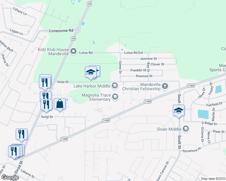 map of restaurants, bars, coffee shops, grocery stores, and more near 1700 Viola Street in Mandeville