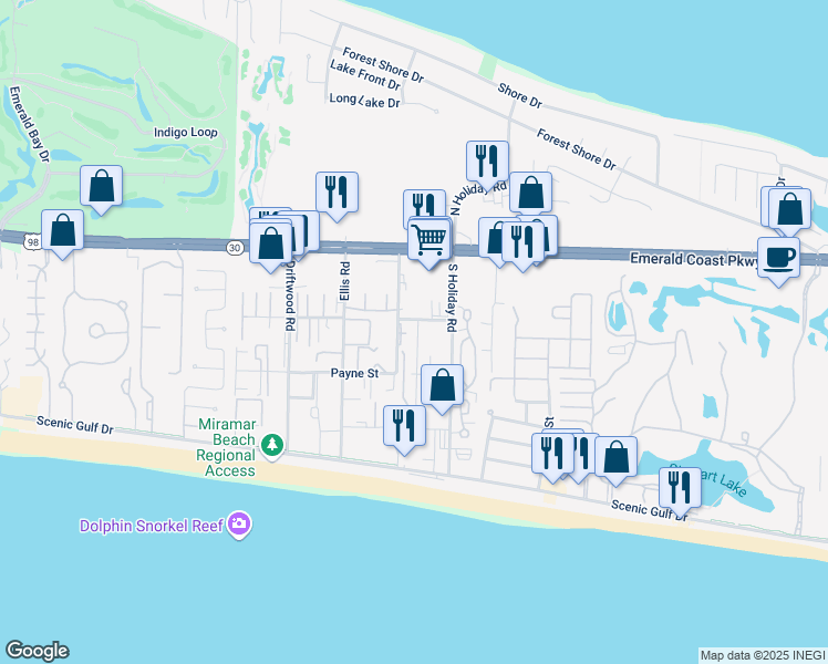 map of restaurants, bars, coffee shops, grocery stores, and more near 32 Ciboney Street in Miramar Beach