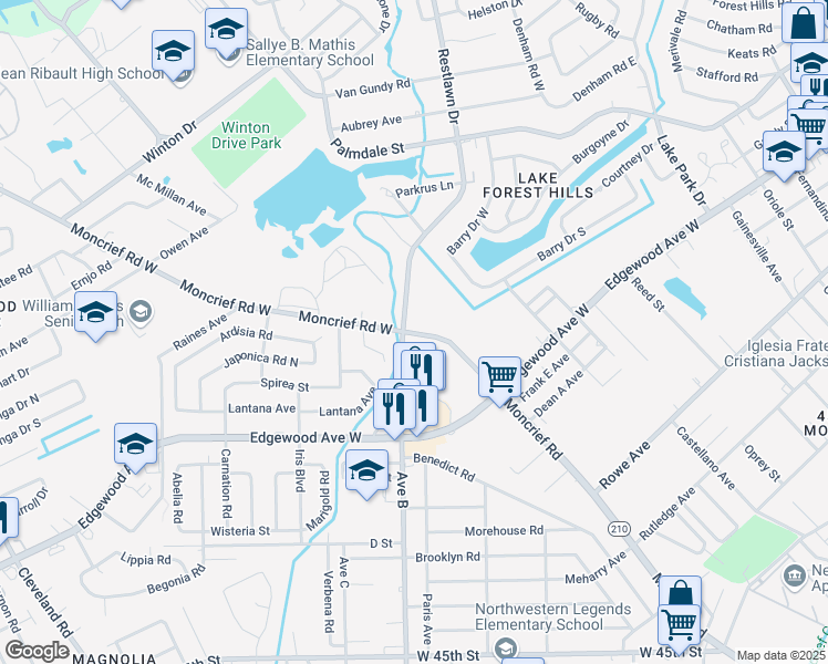 map of restaurants, bars, coffee shops, grocery stores, and more near 6110 Moncrief Road in Jacksonville