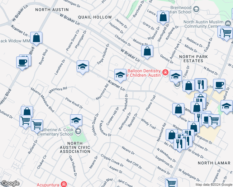 map of restaurants, bars, coffee shops, grocery stores, and more near 10804 Burnwood Drive in Austin