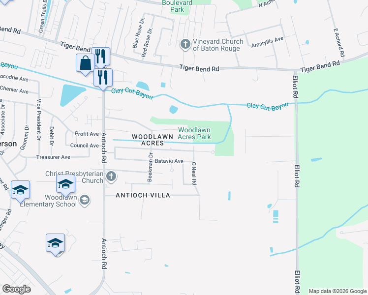map of restaurants, bars, coffee shops, grocery stores, and more near 16603 Morel Avenue in Baton Rouge