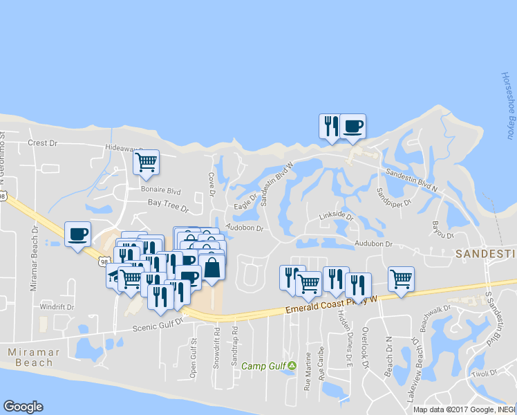map of restaurants, bars, coffee shops, grocery stores, and more near 205 Sandestin Boulevard West in Miramar Beach