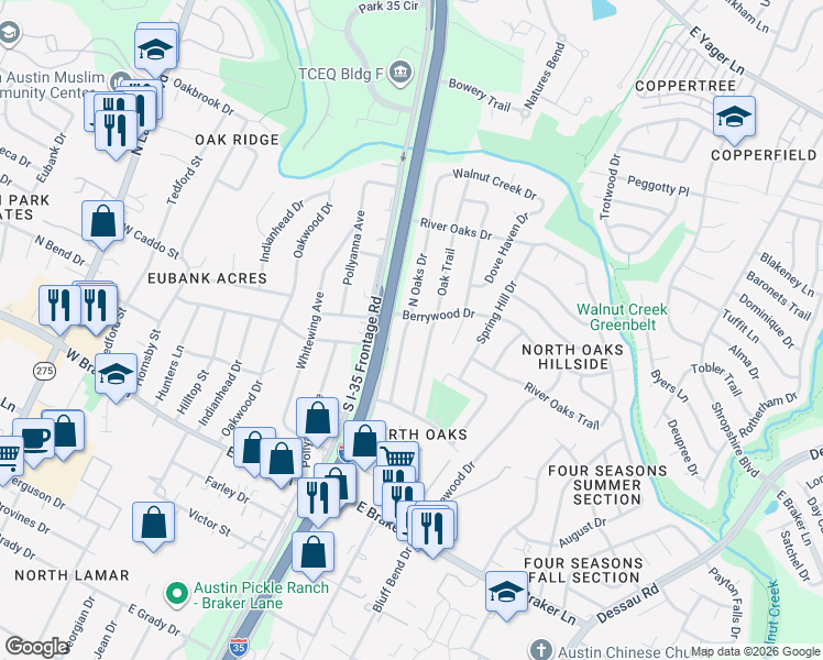map of restaurants, bars, coffee shops, grocery stores, and more near 11609 North Oaks Drive in Austin