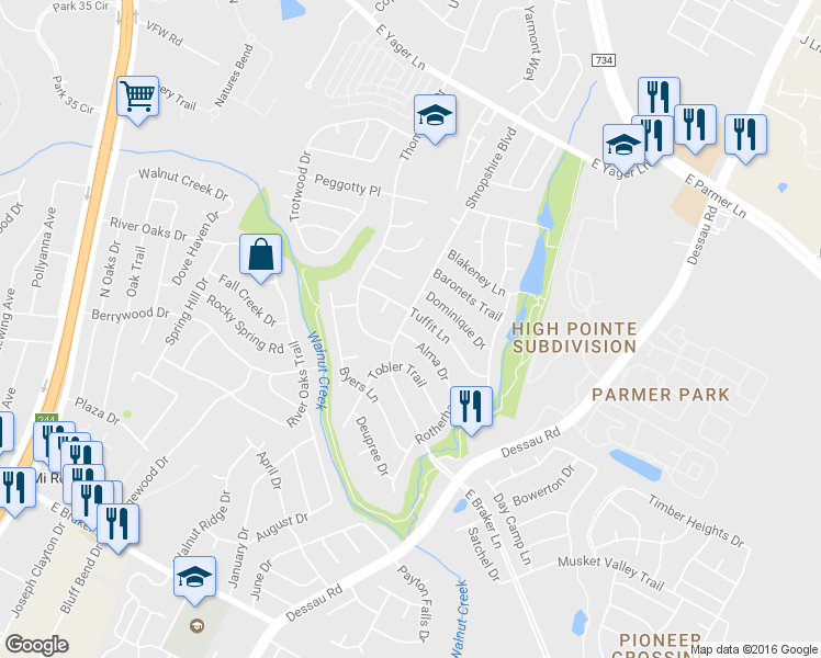 map of restaurants, bars, coffee shops, grocery stores, and more near 1302 Alma Dr in Austin