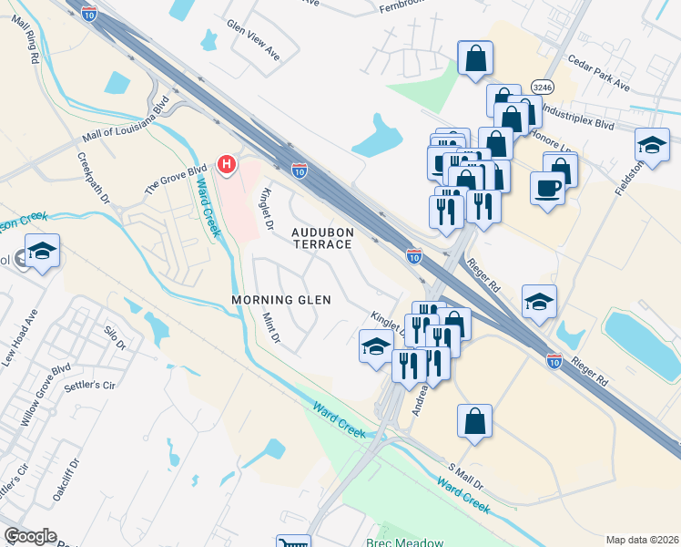 map of restaurants, bars, coffee shops, grocery stores, and more near 9953 Kinglet Drive in Baton Rouge