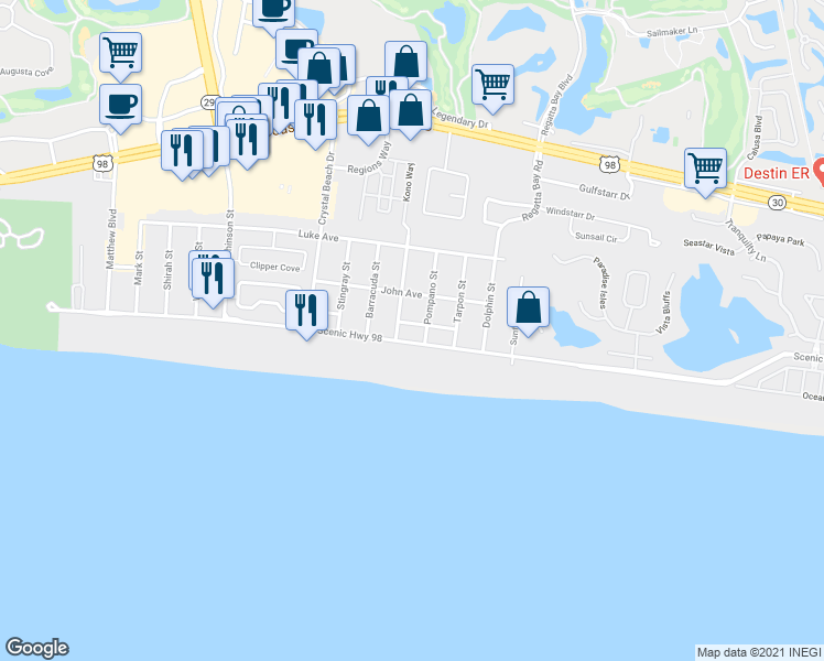 map of restaurants, bars, coffee shops, grocery stores, and more near 64 Cobia Street in Destin