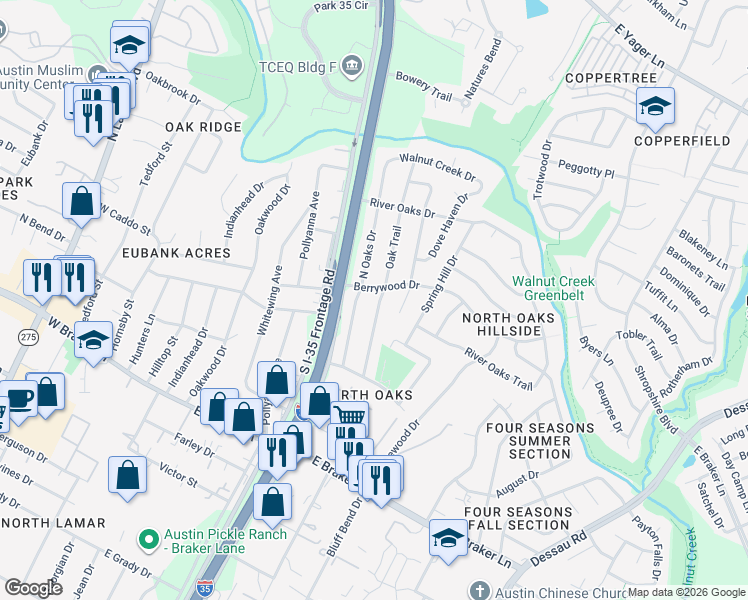 map of restaurants, bars, coffee shops, grocery stores, and more near 11609 North Oaks Drive in Austin