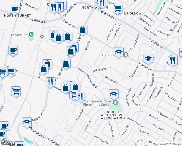 map of restaurants, bars, coffee shops, grocery stores, and more near 10411 Macmora Road in Austin