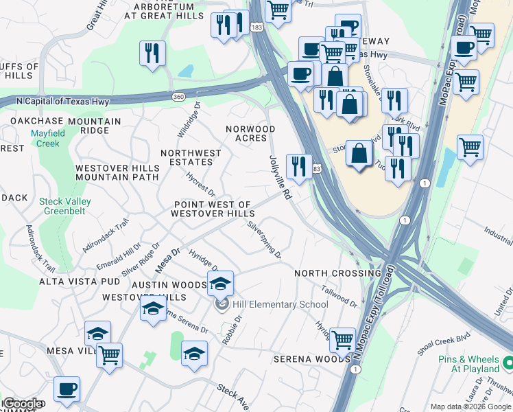map of restaurants, bars, coffee shops, grocery stores, and more near 8900a Mesa Drive in Austin