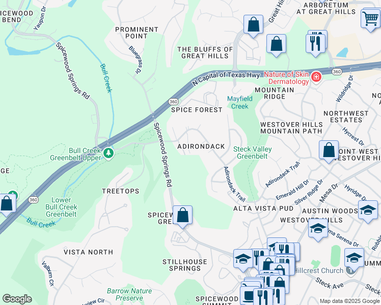 map of restaurants, bars, coffee shops, grocery stores, and more near 14 Adirondack Trail in Austin