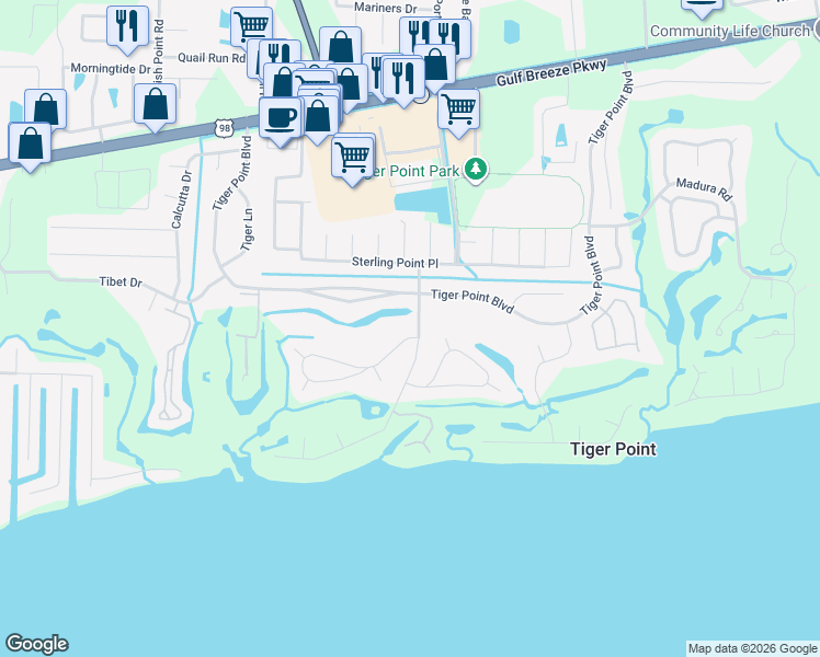 map of restaurants, bars, coffee shops, grocery stores, and more near 1349 Ceylon Drive in Gulf Breeze