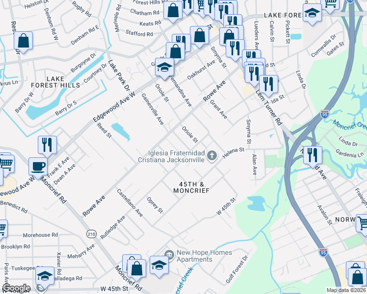 map of restaurants, bars, coffee shops, grocery stores, and more near 7426 Gainesville Avenue in Jacksonville