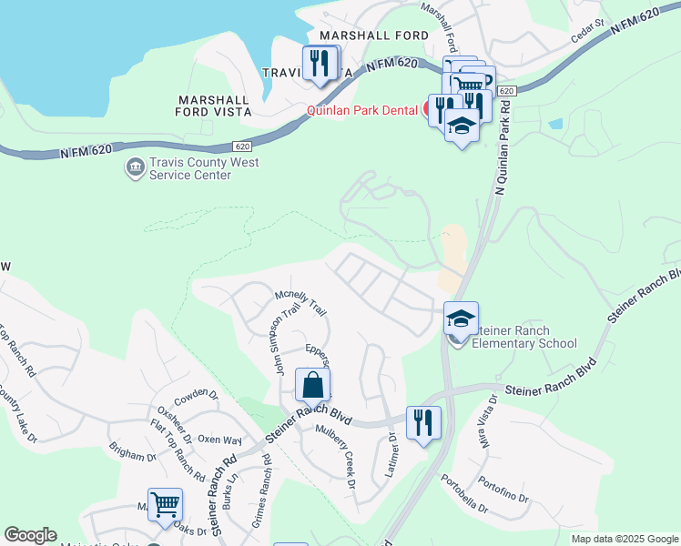 map of restaurants, bars, coffee shops, grocery stores, and more near 3926 Canyon Glen Circle in Austin