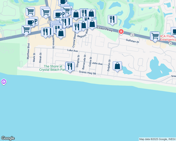map of restaurants, bars, coffee shops, grocery stores, and more near 64 Cobia Street in Destin