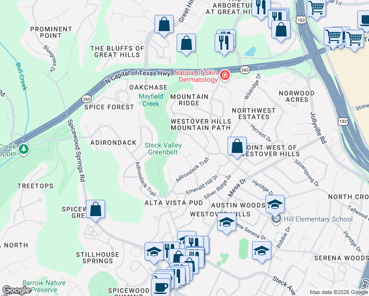 map of restaurants, bars, coffee shops, grocery stores, and more near 4412 Walhill Lane in Austin