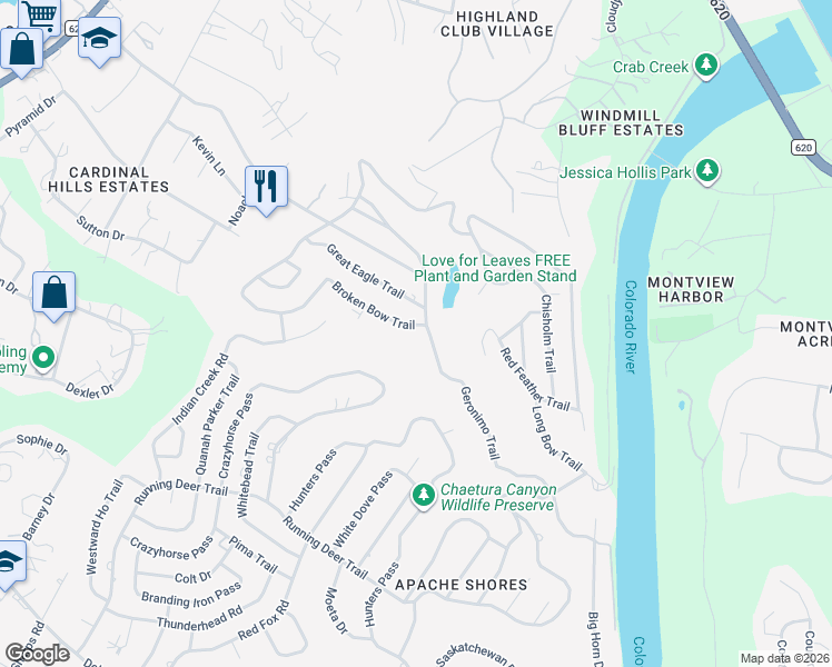 map of restaurants, bars, coffee shops, grocery stores, and more near 14503 Broken Bow Trail in Austin