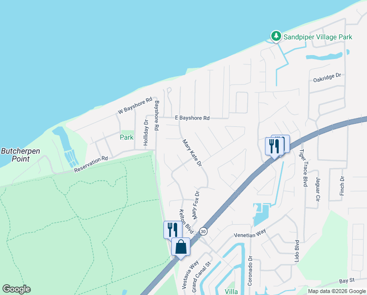 map of restaurants, bars, coffee shops, grocery stores, and more near 2540 Frank Circle in Gulf Breeze
