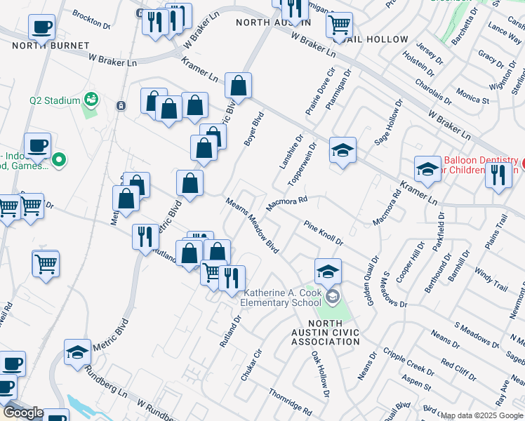 map of restaurants, bars, coffee shops, grocery stores, and more near 10411 Macmora Road in Austin