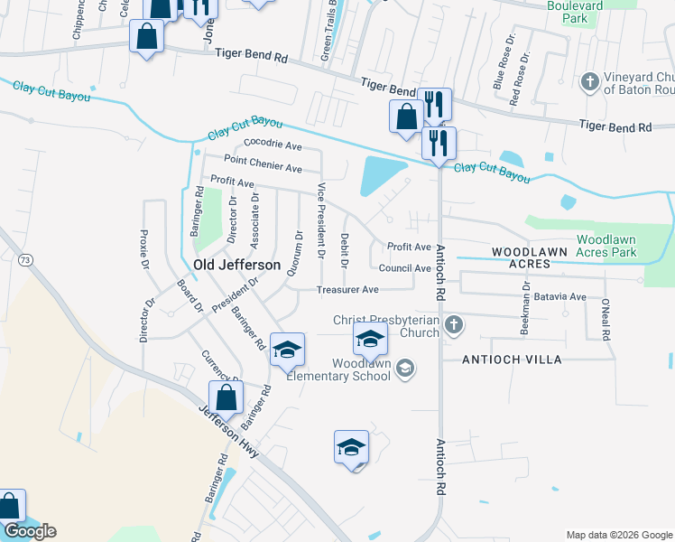 map of restaurants, bars, coffee shops, grocery stores, and more near 7608 Debit Dr in Baton Rouge
