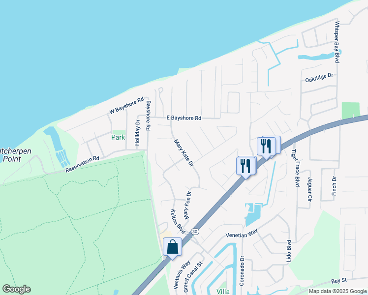 map of restaurants, bars, coffee shops, grocery stores, and more near 1168 Mary Kate Drive in Gulf Breeze