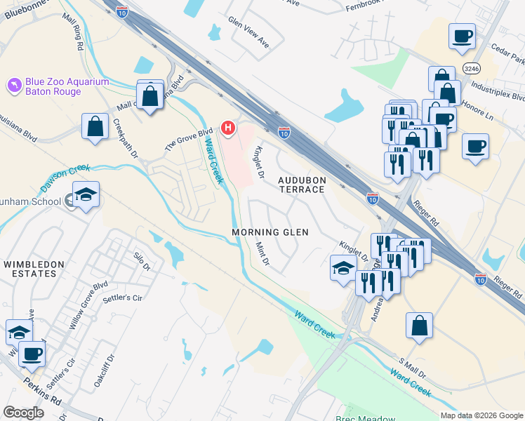map of restaurants, bars, coffee shops, grocery stores, and more near 9822 Hawthorne Drive in Baton Rouge