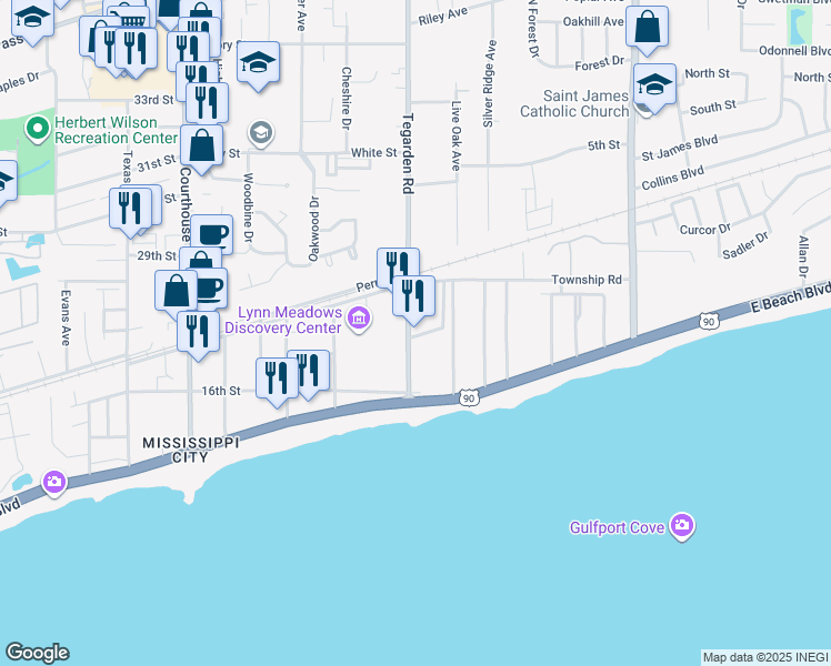 map of restaurants, bars, coffee shops, grocery stores, and more near 162 Tegarden Road in Gulfport