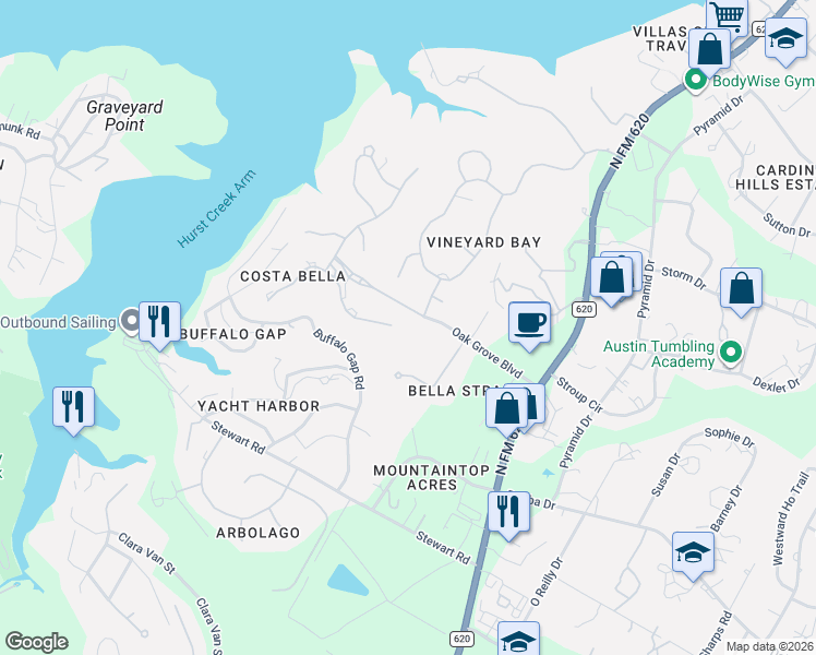 map of restaurants, bars, coffee shops, grocery stores, and more near 102 Bella Cima Drive in Austin