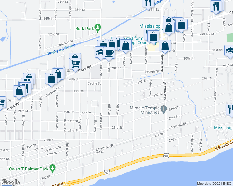 map of restaurants, bars, coffee shops, grocery stores, and more near 2627 5th Avenue in Gulfport
