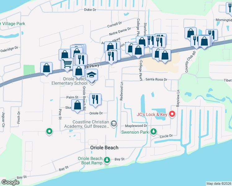 map of restaurants, bars, coffee shops, grocery stores, and more near 1266 Harrison Avenue in Gulf Breeze