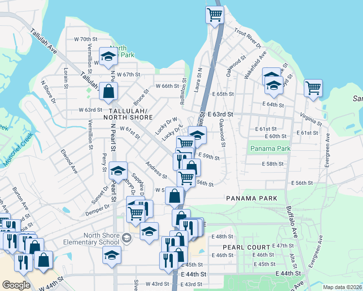 map of restaurants, bars, coffee shops, grocery stores, and more near 65 West 58th Street in Jacksonville