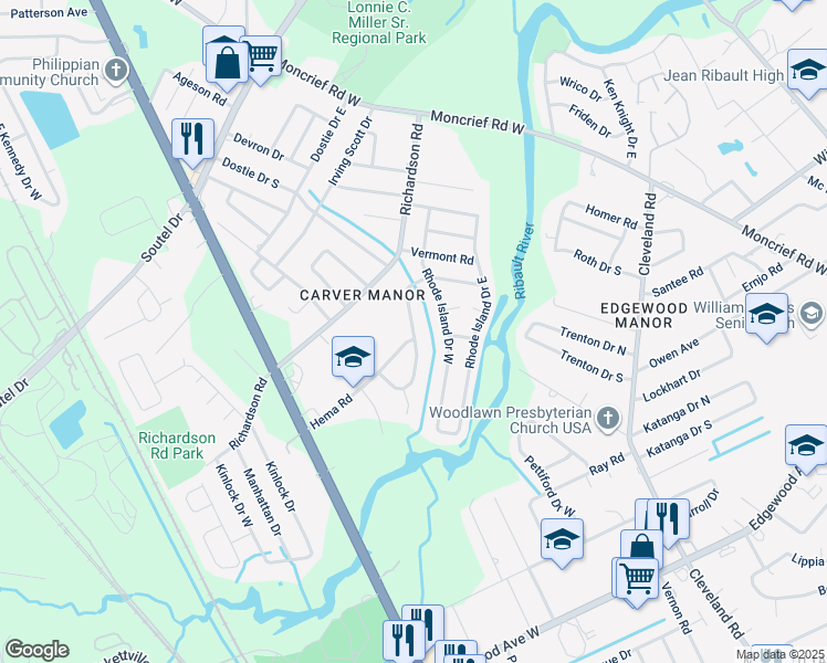 map of restaurants, bars, coffee shops, grocery stores, and more near 6915 West Virginia Avenue in Jacksonville