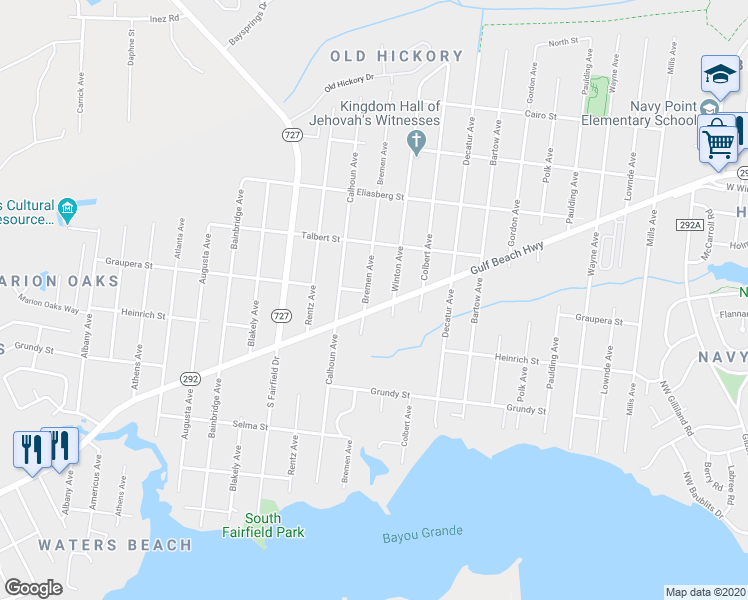 map of restaurants, bars, coffee shops, grocery stores, and more near 2310 Gulf Beach Highway in Pensacola