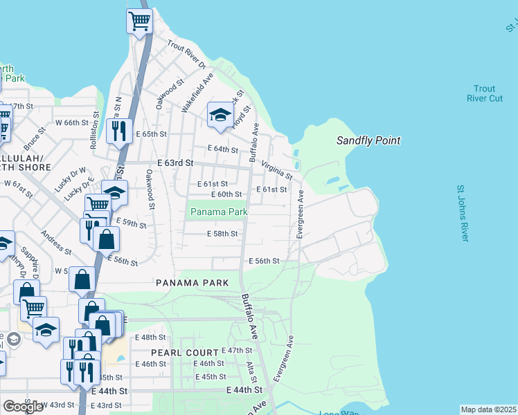 map of restaurants, bars, coffee shops, grocery stores, and more near 724 East 60th Street in Jacksonville