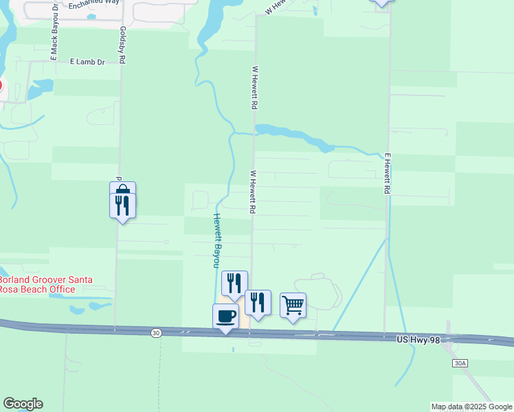 map of restaurants, bars, coffee shops, grocery stores, and more near 508 West Hewett Road in Santa Rosa Beach