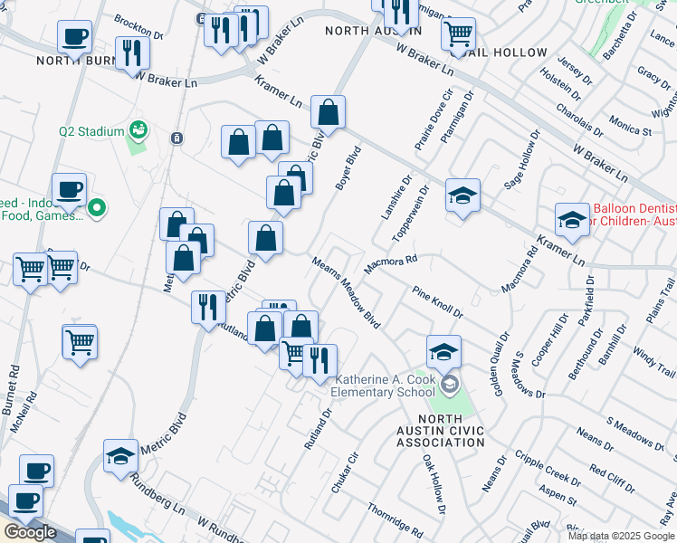 map of restaurants, bars, coffee shops, grocery stores, and more near 1810 Mearns Meadow Boulevard in Austin